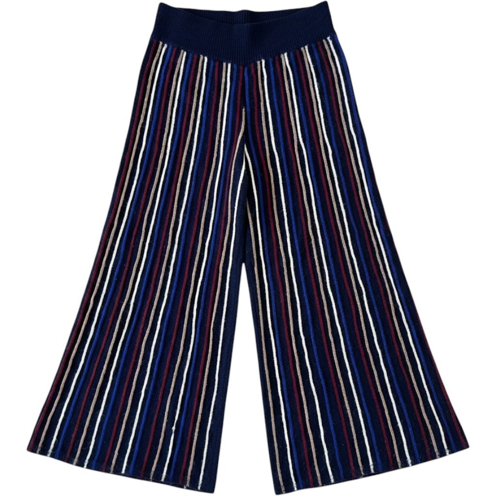 Eleven Six 100% Baby Alpaca Striped Wide Leg Knit Pants Navy Blue Red Medium